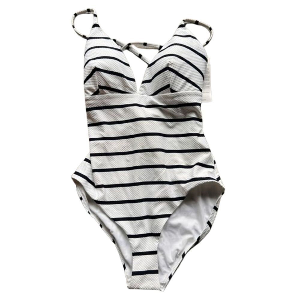 CALIA Triangle Strappy Back One Piece Swimsuit 10 White Blue Stripe Mesh New